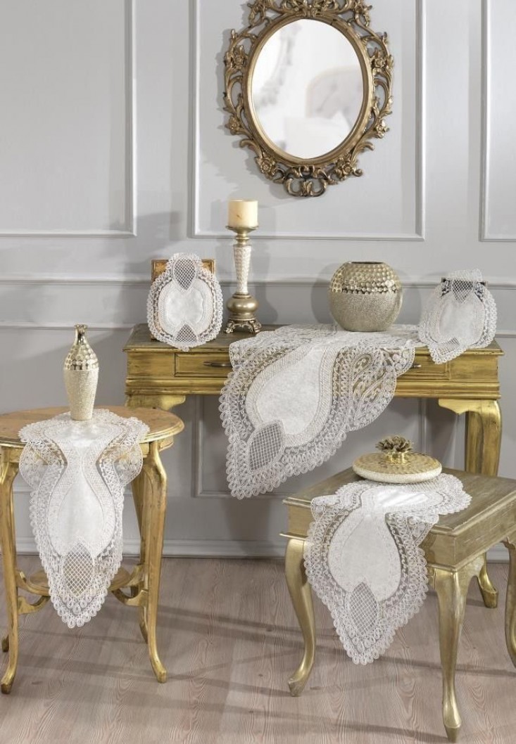 fransız Güpürlü Kadife Yağmur Salon Takımı 5 Parça Krem