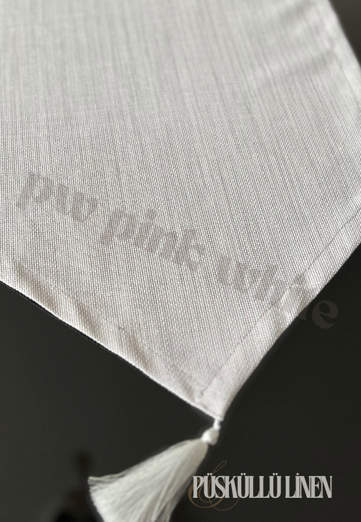 Püsküllü linen keten runner 35x145 cm  Kırıkbeyaz