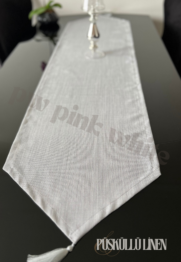 Püsküllü linen keten runner 35x145 cm  Kırıkbeyaz