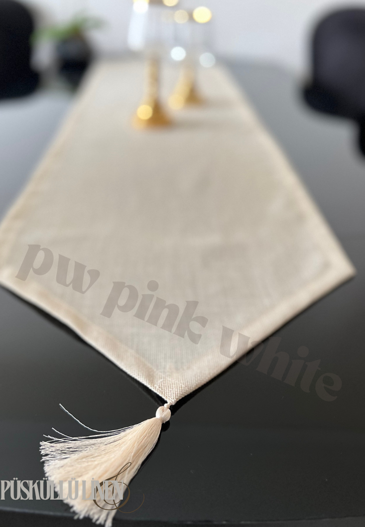 Püsküllü linen keten runner 35x145 cm  Kahve