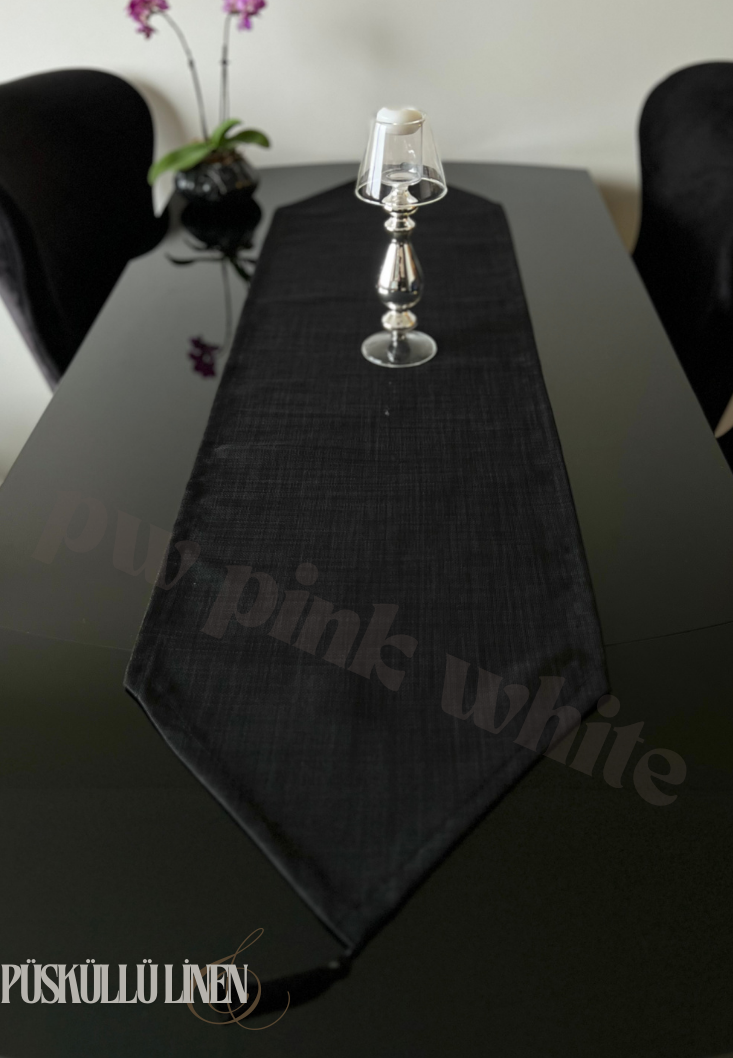 Püsküllü linen keten runner 35x145 cm  siyah