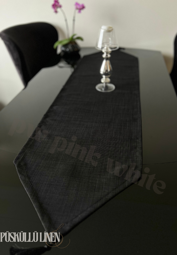 Püsküllü linen keten runner 35x145 cm  siyah