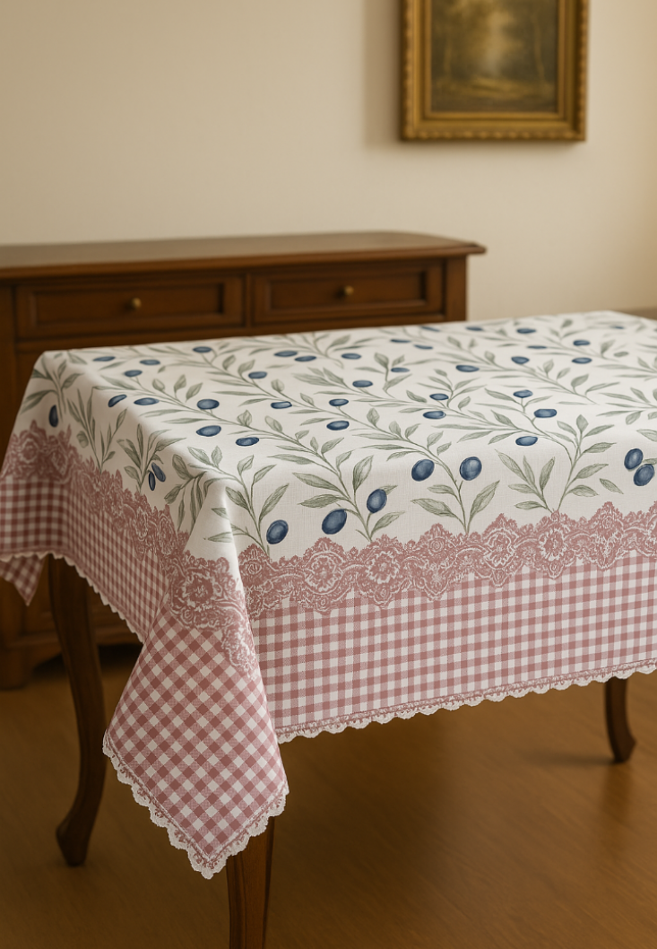 Dijital Baskılı Masa Örtüsü – Zeytin Desenli, Pembe-Beyaz – 150x150 cm