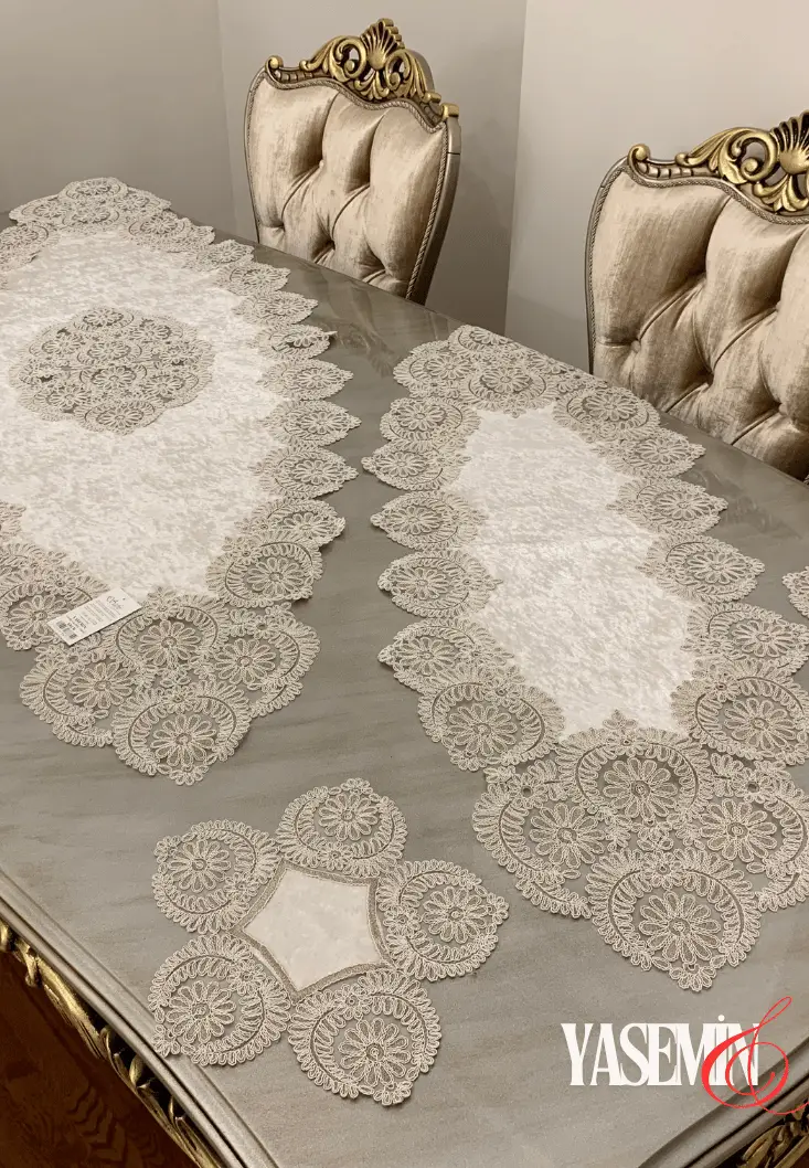 fransız Güpürlü Kadife yasemin Salon Takımı 5 Parça Krem