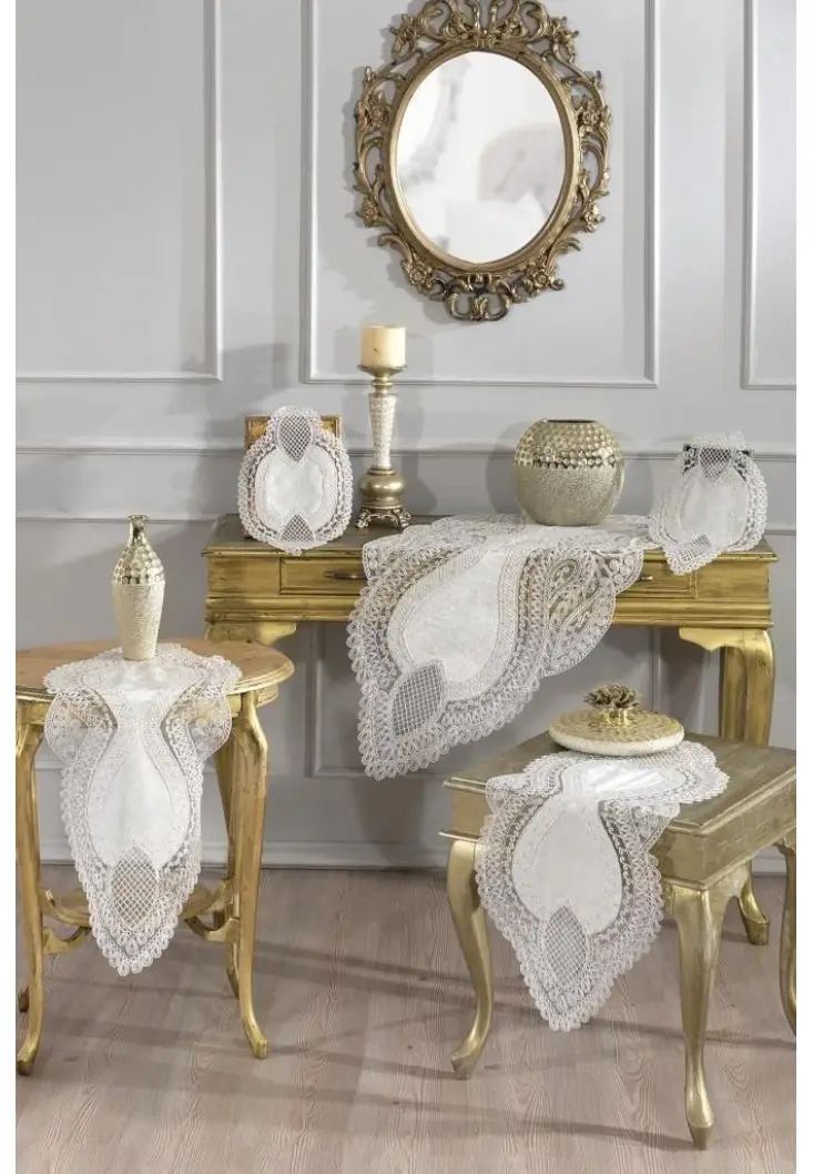 fransız Güpürlü Kadife Yağmur Salon Takımı 5 Parça Krem